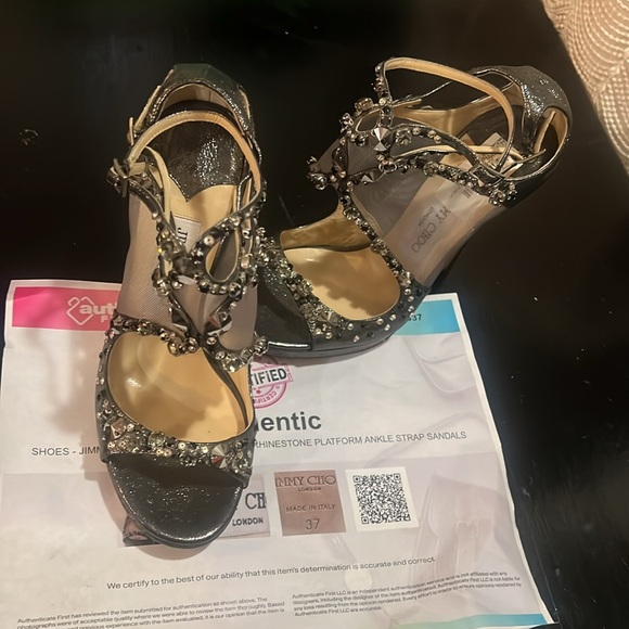 Jimmy Choo Viola Metallic Leather and Mesh Crystal Embellished Sandals Size 37. - Picture 14 of 17